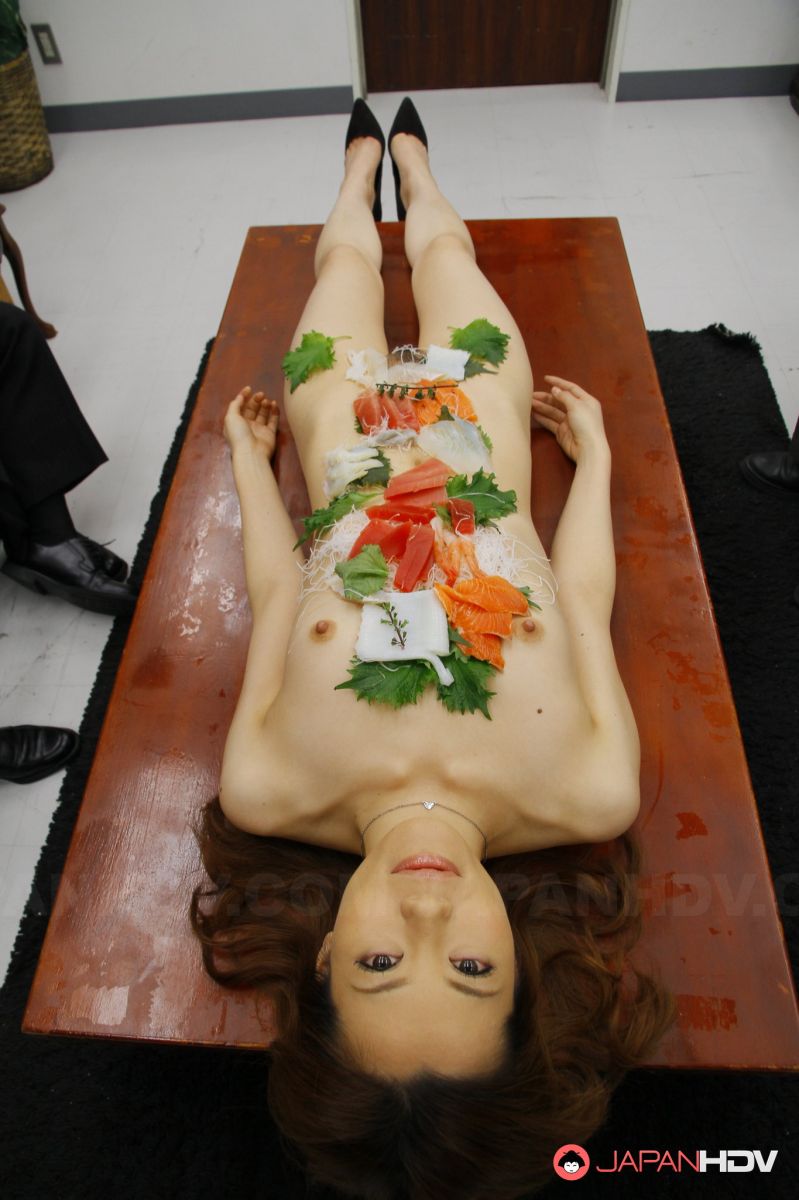 Tachiki Yui has her sexy body full of vegetables ready to eat.