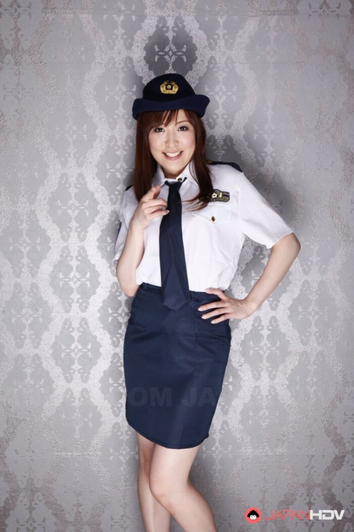 Elegant police officer Akane Satozaki shows her natural boobies