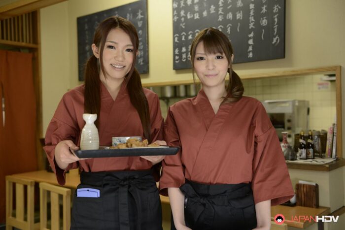 Kyoka Makimura and Sakura Aoi wait for their customers bare breasts