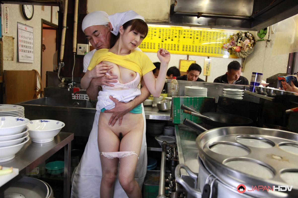 Mimi Asuka is fucked from behind in hairy pussy while working.