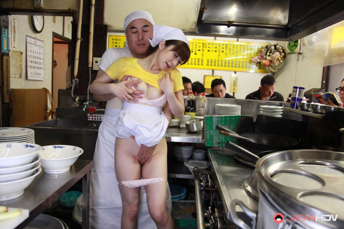 Mimi Asuka is fucked from behind in hairy pussy while working.