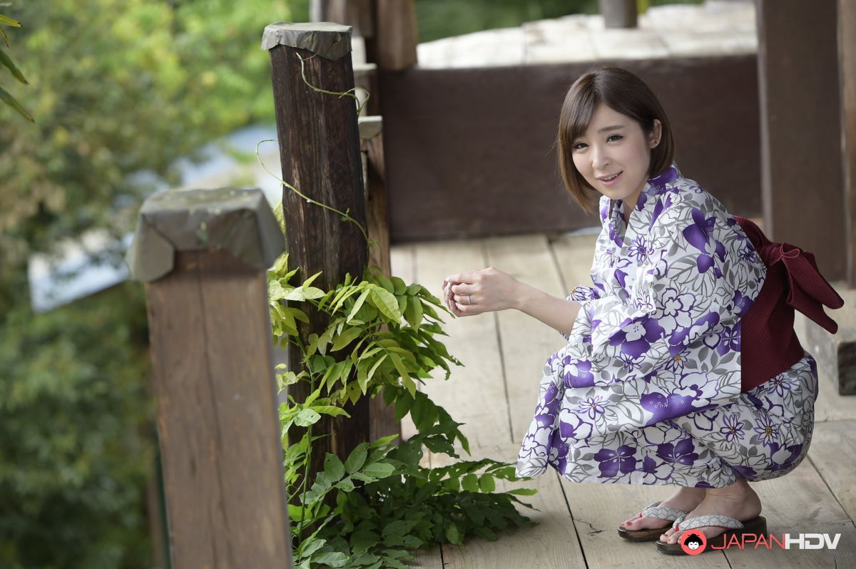 Cute Runa Hagawa opens her kimono and shows her small tits